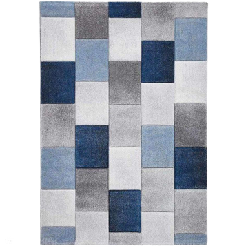 Brooklyn 21830 Modern Geometric Square Patchwork Blocks Soft Carved Durable Short Pile Grey/Blue/Cream Rug-Think Rugs-Rug Love - The Most Loved Rug Store